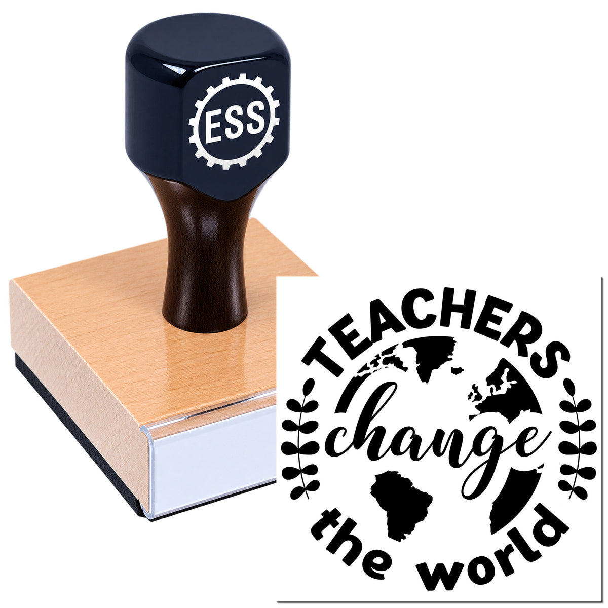 Dark blue ESS rubber stamp on a wooden block, showing a black "Teachers change the world" seal with globe and leaf motifs.