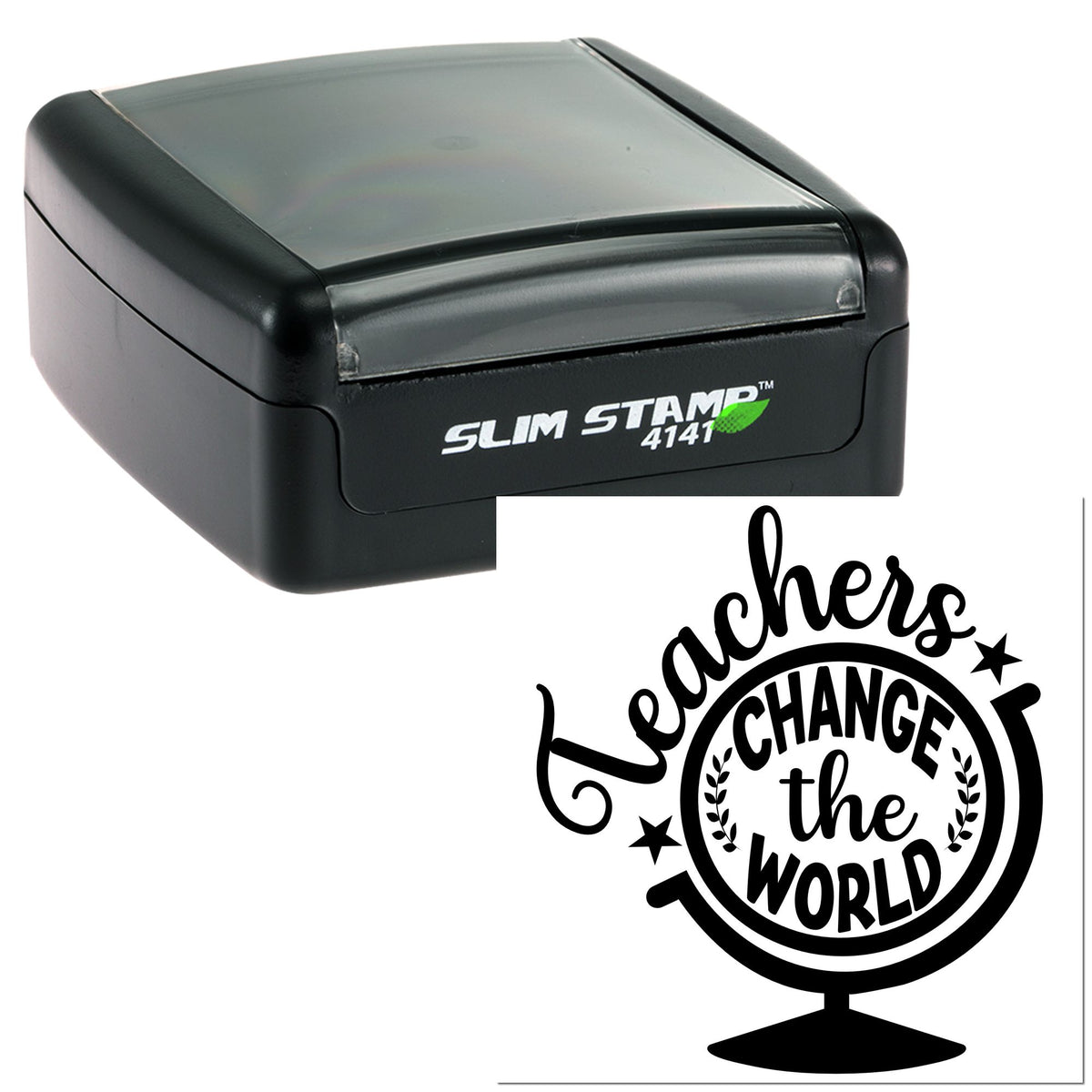 Black slim self-inking stamp with gray top and custom teacher seal reading Teachers change the world in black.