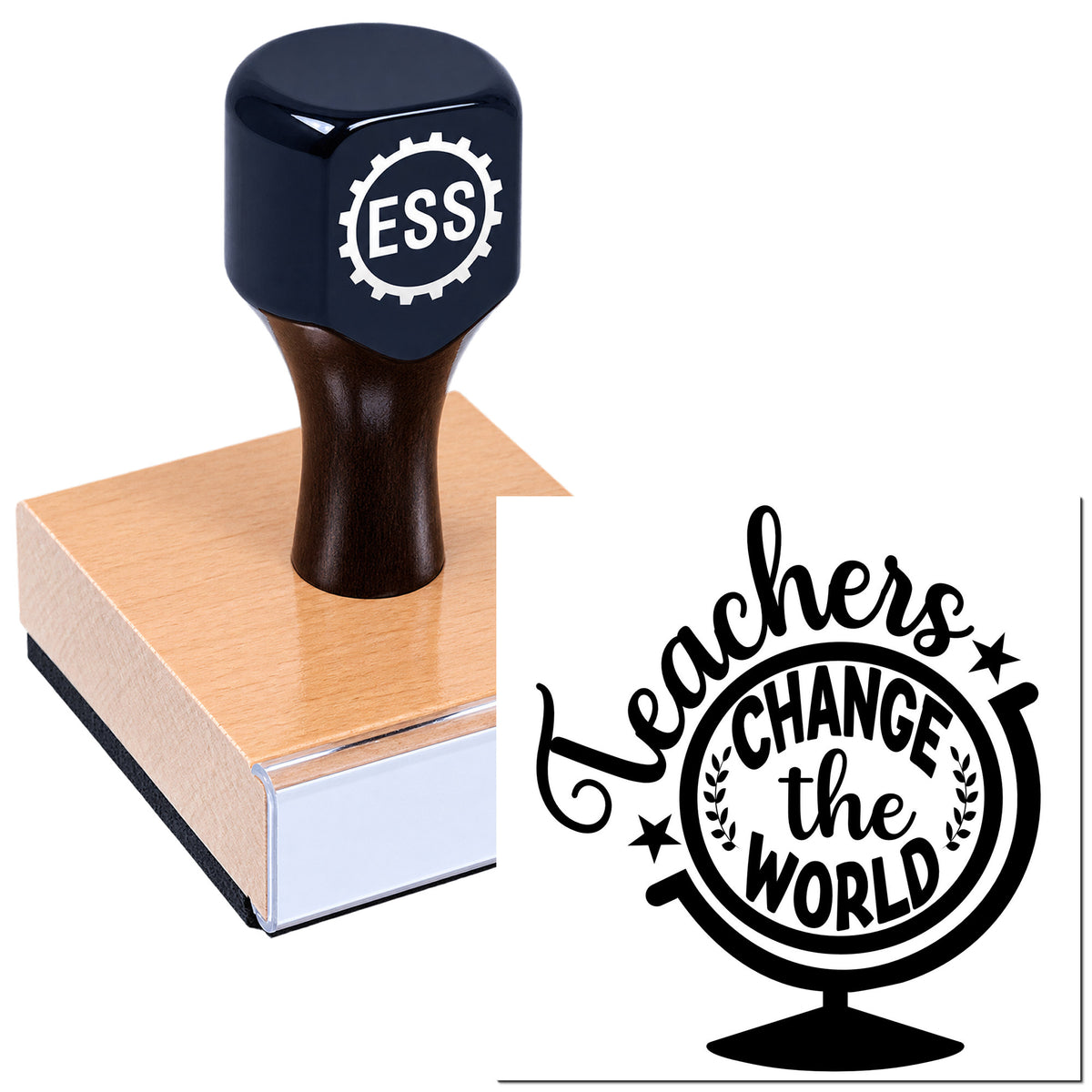 Dark navy ESS rubber stamp on a pink seal block beside a black "Teachers change the world" seal design.