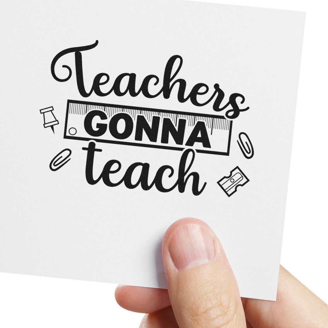 Black Teachers Gonna Teach stamp and seal design with ruler, paperclip, and pushpin icons on white paper.