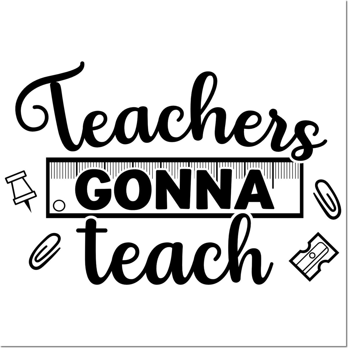 Black teacher stamp and seal design with ruler frame, pencil, paper clip, and eraser icons.