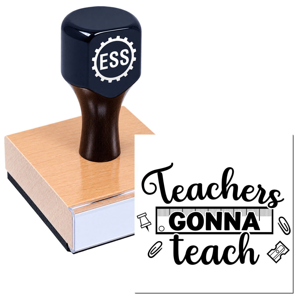Black ESS custom stamp and seal on pink wooden block with "Teachers Gonna Teach" design on white background