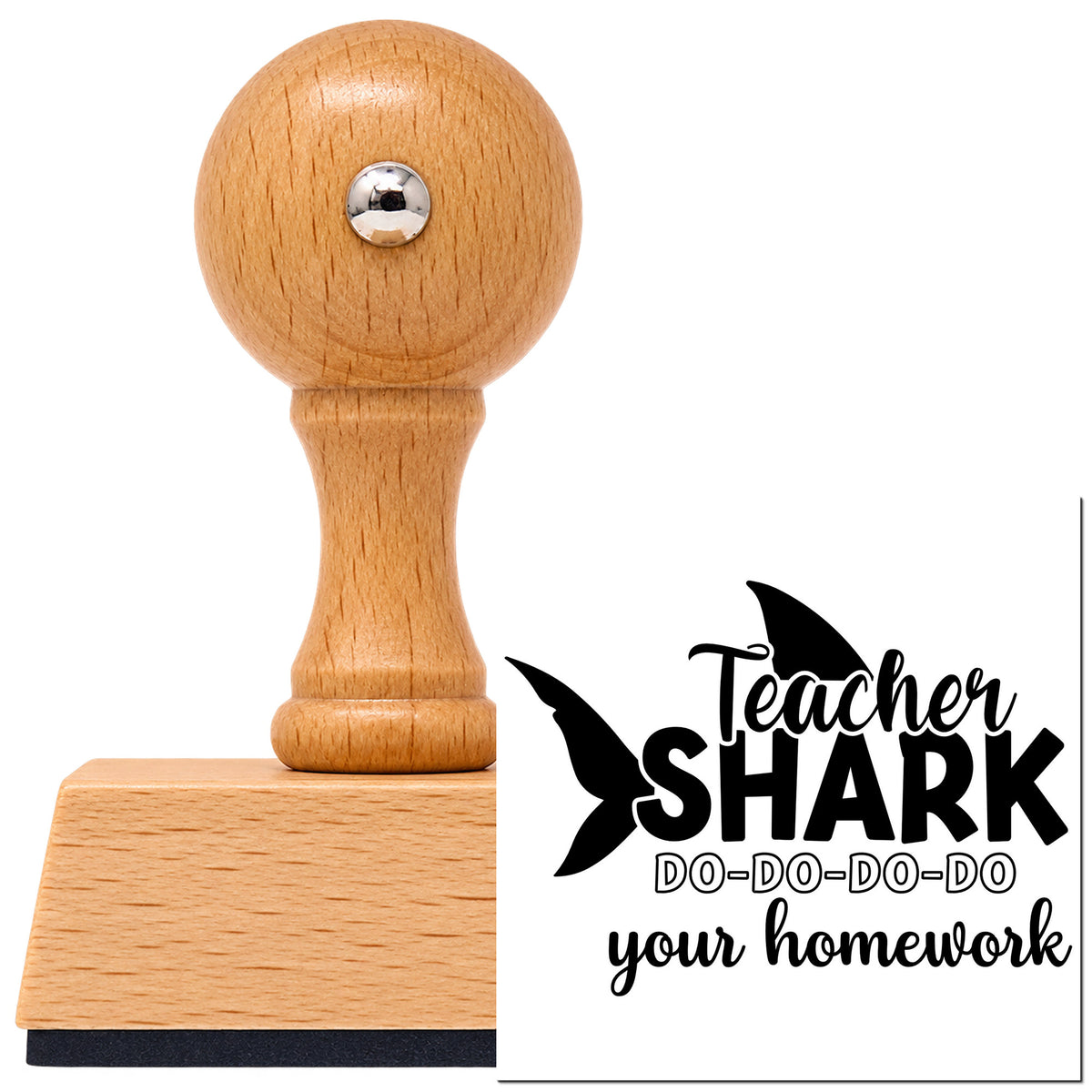 Vintage Pro beech wood stamp with a round knob handle, shown with its black Teacher Shark Homework Repeat Typography imprint on white.
