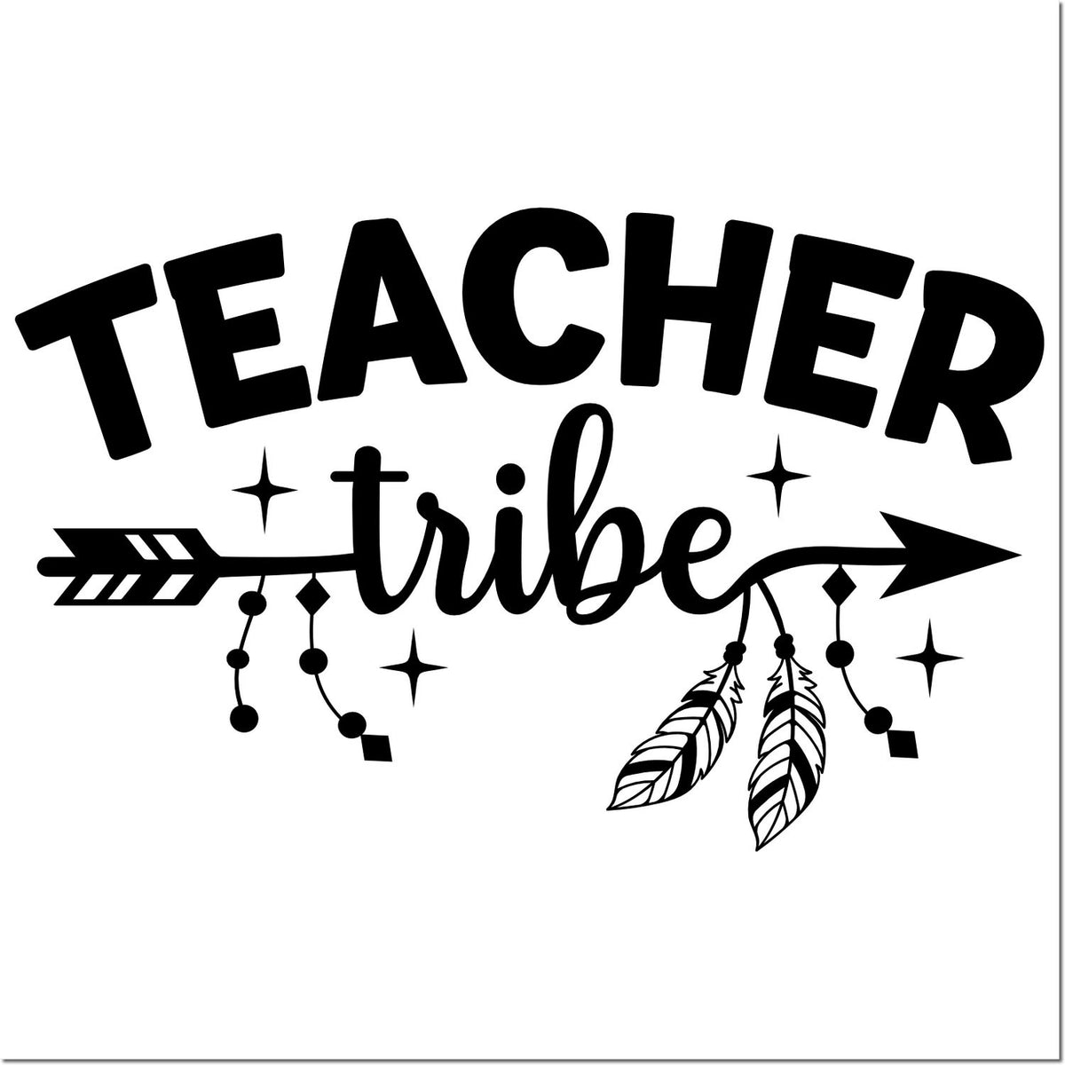 Black Teacher tribe stamp seal design with arrow, feathers, and stars on white background.