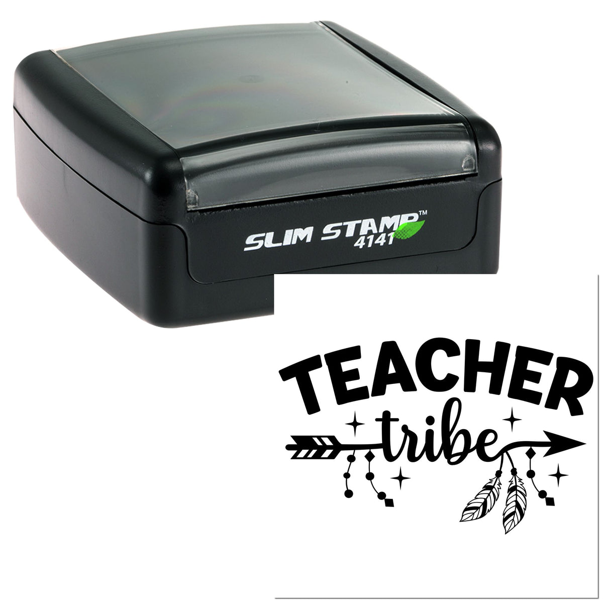 Black slim self-inking stamp and seal with clear lid, showing Teacher Tribe design in black on white background.