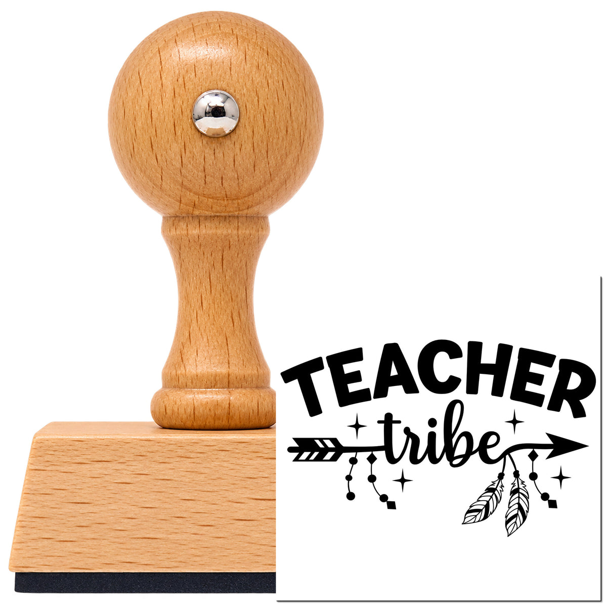 Vintage Pro beech wood stamp with a round knob handle, shown with its black Teacher Tribe Arrow imprint on white.