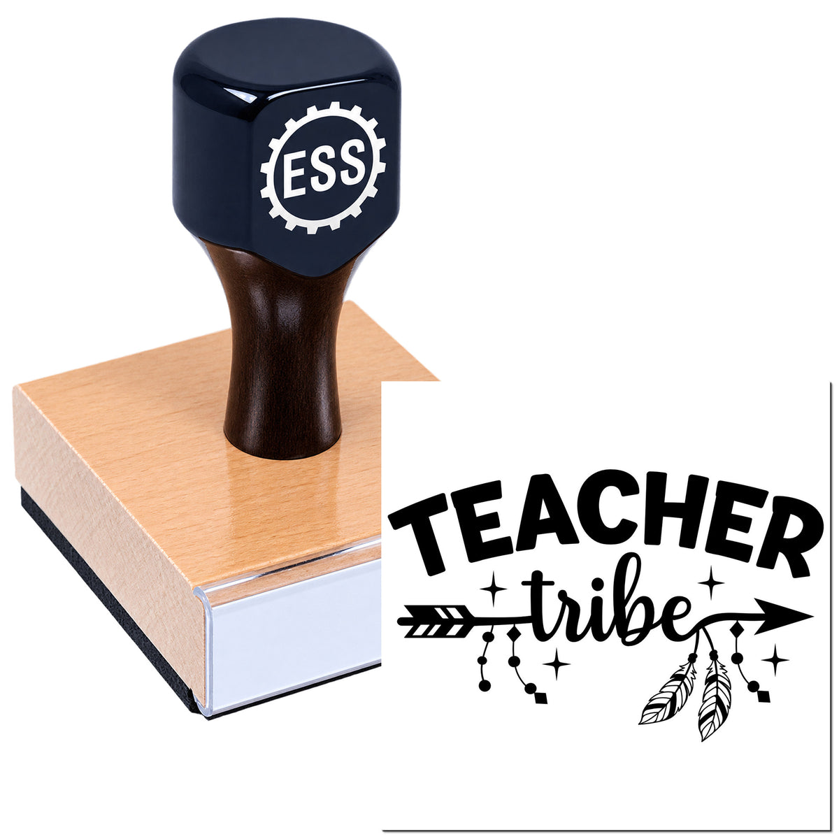 Black custom stamp seal on a pink wooden block, with ESS logo and bold black "Teacher tribe" design on white.