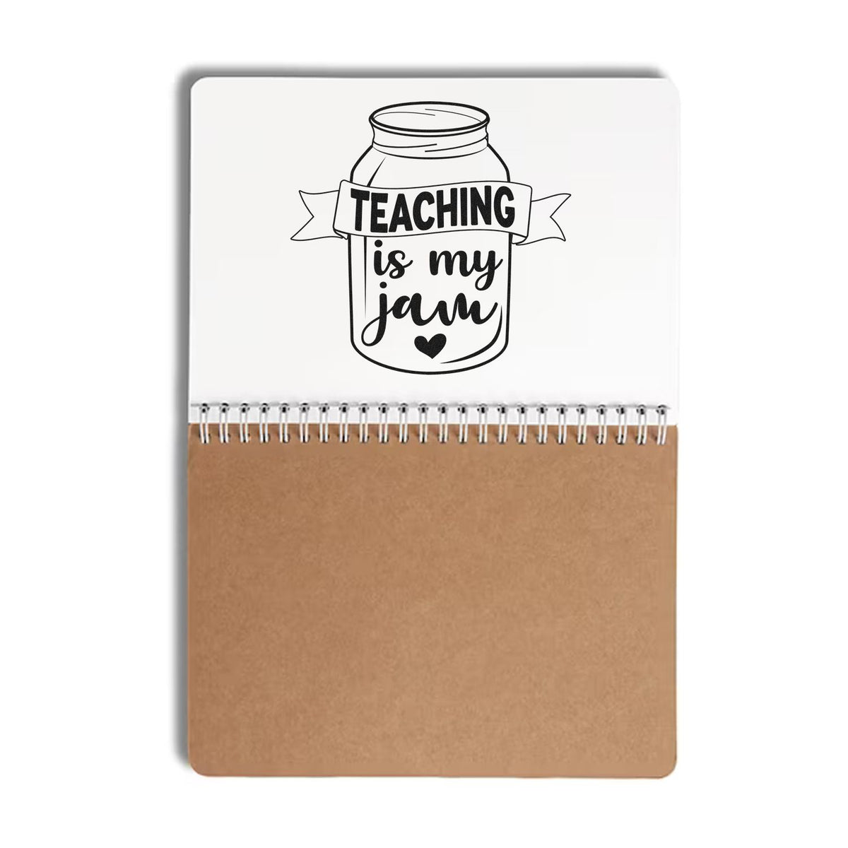 Black-and-white stamp and seal design on tan notebook cover with mason jar reading Teaching is my jam and a heart.