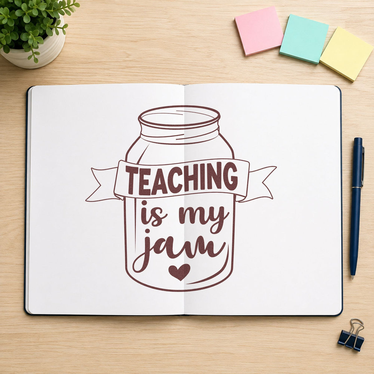 Teaching Is My Jam Jar rubber stamp printed in brown ink, ready for chutney pot labels and similar paper crafts.