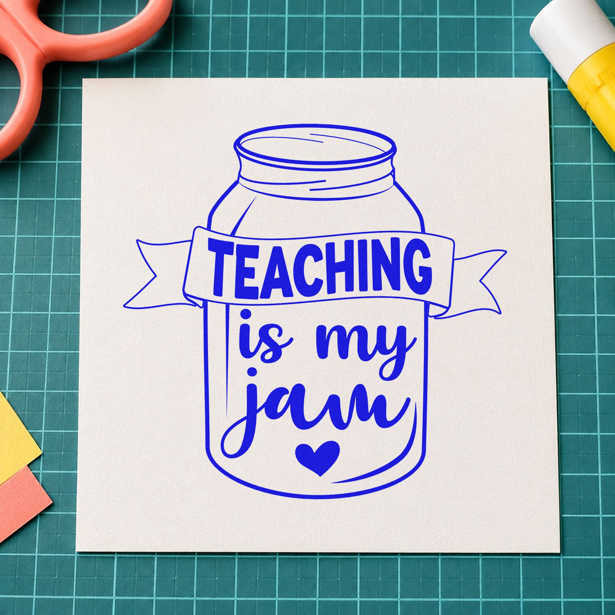 Teaching Is My Jam Jar craft stamp imprinted in blue ink on paper, a design suited to ribbon tie seals.