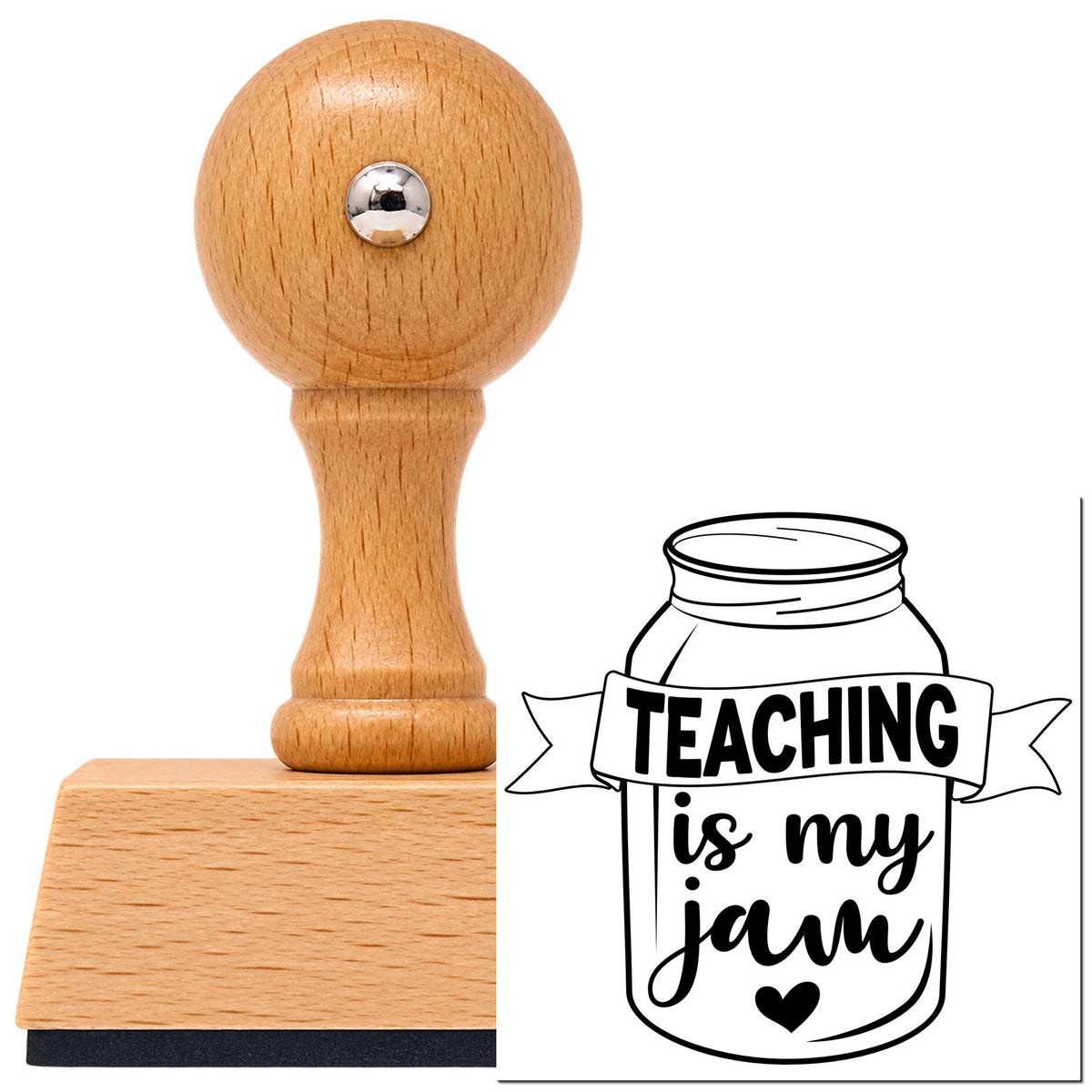 Vintage Pro beech wood stamp with a round knob handle, shown with its black Teaching Is My Jam Jar With Hearts imprint on white.
