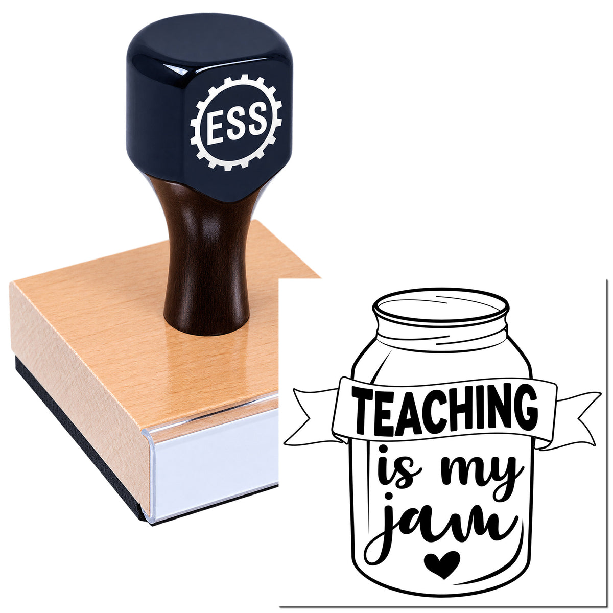 Black ESS rubber stamp on a copper block beside a black "Teaching is my jam" jar seal design.