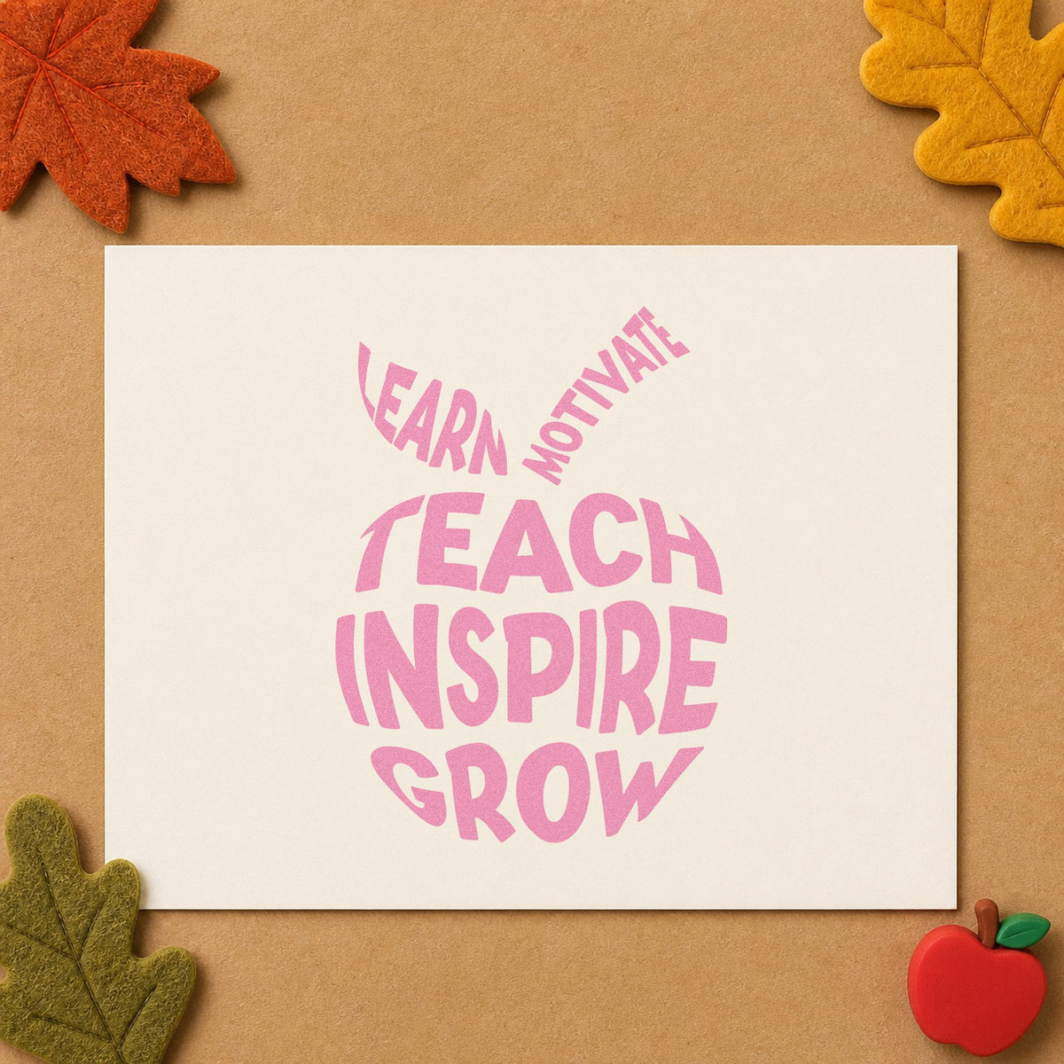 Teach Inspire Grow Apple craft stamp in purple ink on cardstock, an easy option for verb wall tags.