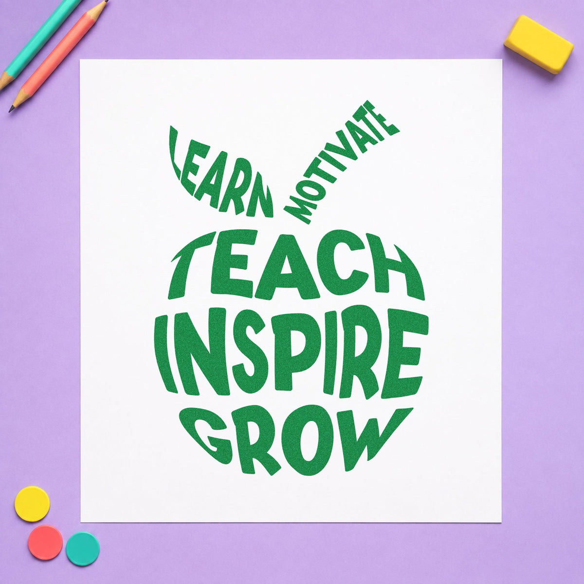 Teach Inspire Grow Apple craft stamp imprint in green ink on a handmade project, one idea being vocabulary pages.