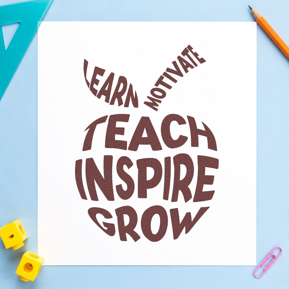 Teach Inspire Grow Apple rubber stamp printed in brown ink, ready for spelling tin labels and similar paper crafts.