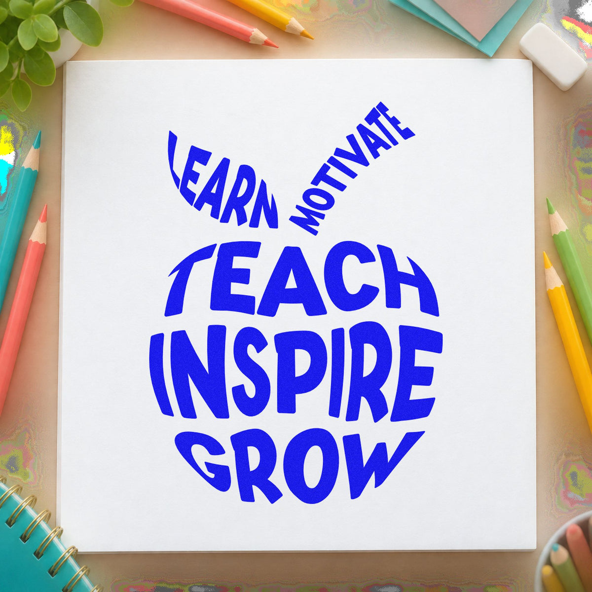 Teach Inspire Grow Apple craft stamp in blue ink on cardstock, an easy option for felt shape panels.