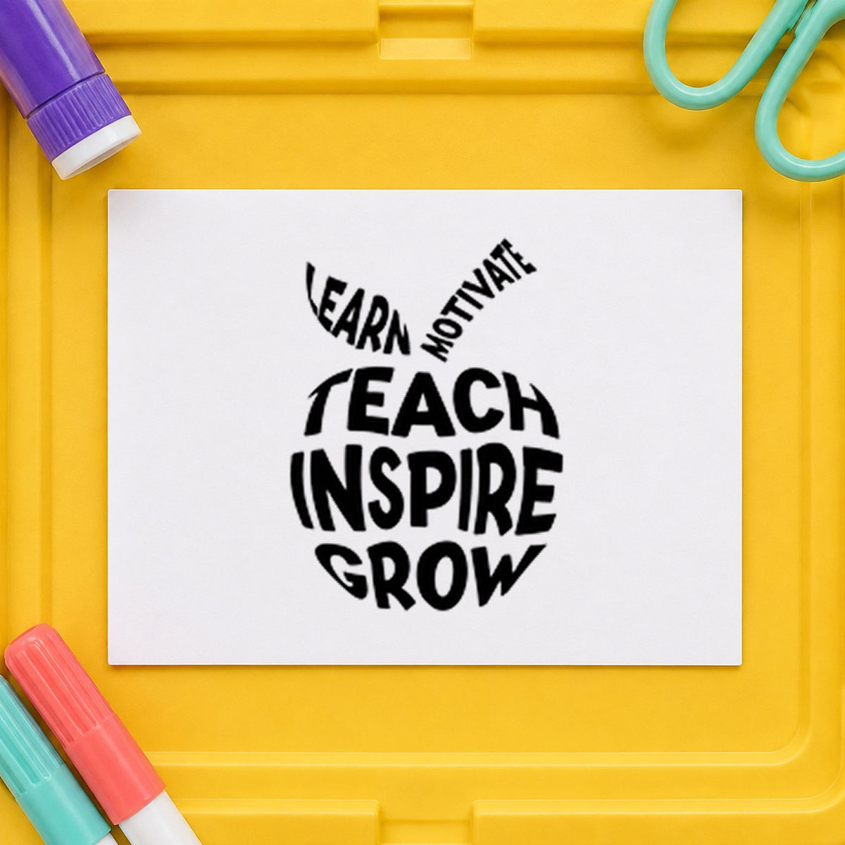 Teach Inspire Grow Apple rubber stamp printed in black ink, ready for word apple cards and similar paper crafts.