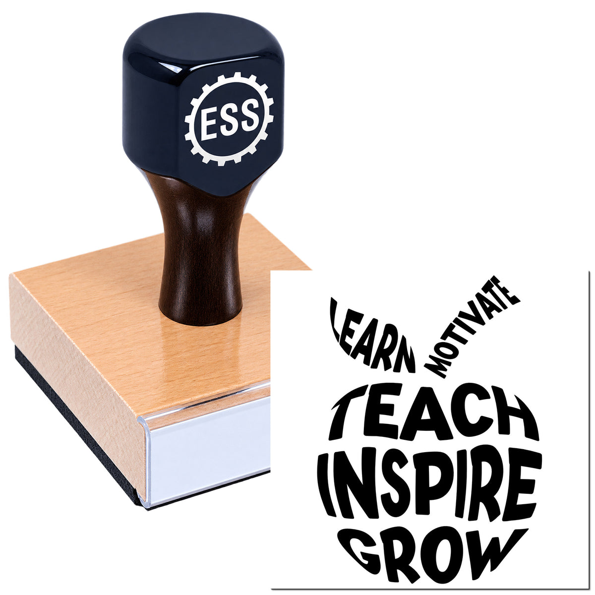 Dark navy ESS rubber stamp with copper base and black "Learn Teach Inspire Grow" imprint.