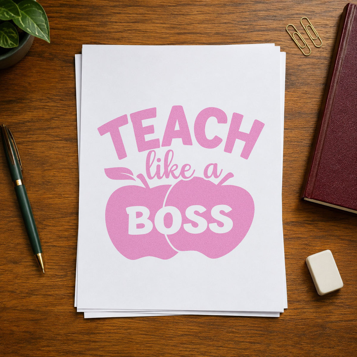 Teach Like a Boss Apples craft stamp in purple ink on cardstock, an easy option for promotion gift tags.