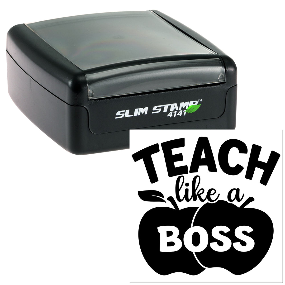 Black Slim Stamp 4141 self-inking stamp and seal with white Teach like a Boss apple design