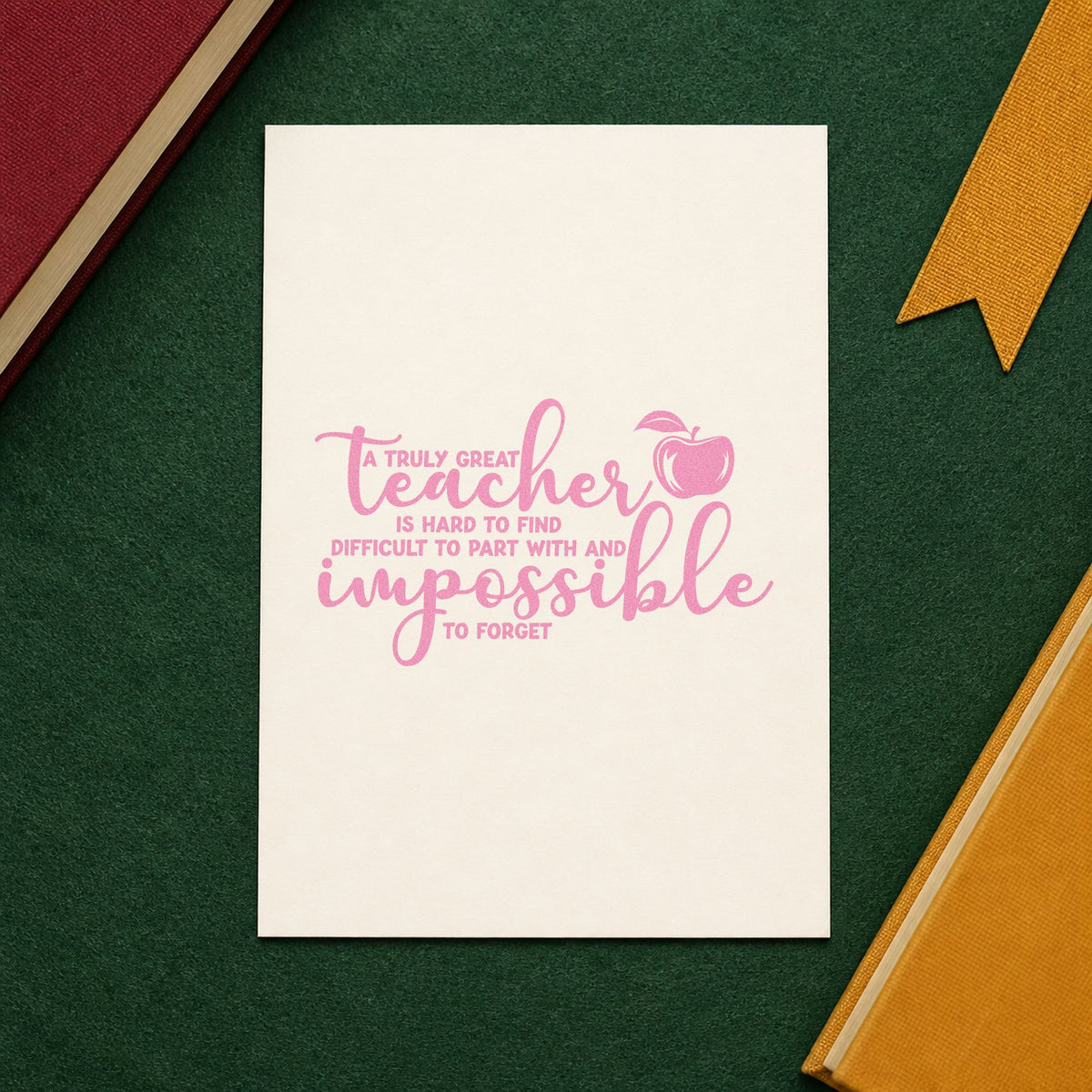 Truly Great Teacher Apple craft stamp in purple ink on cardstock, an easy option for leaving gift tags.