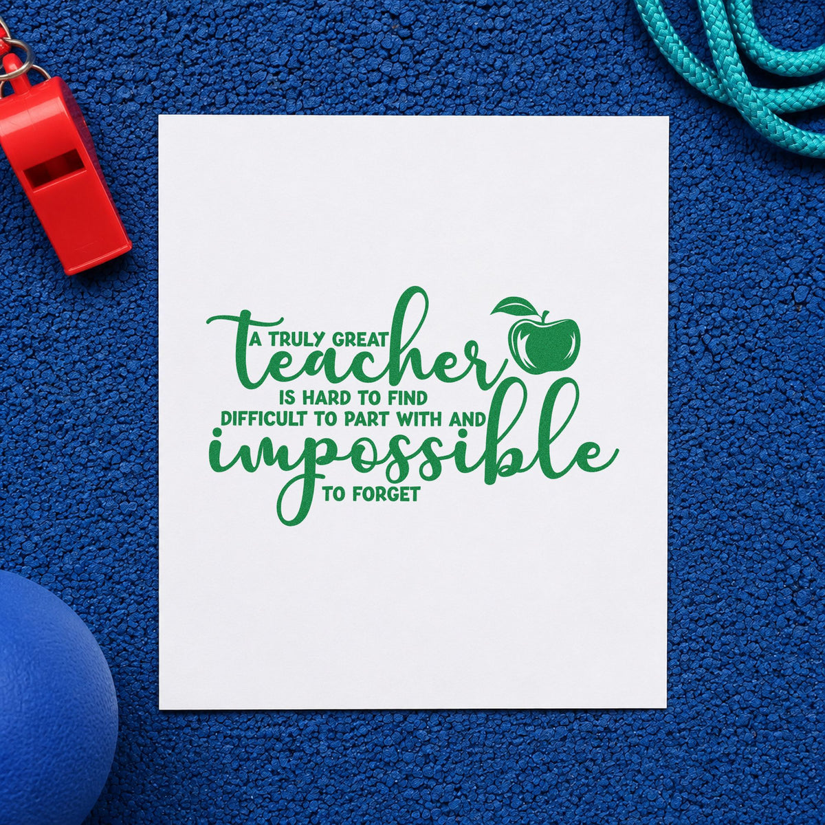 Truly Great Teacher Apple craft stamp imprint in green ink on a handmade project, one idea being signature mat pages.