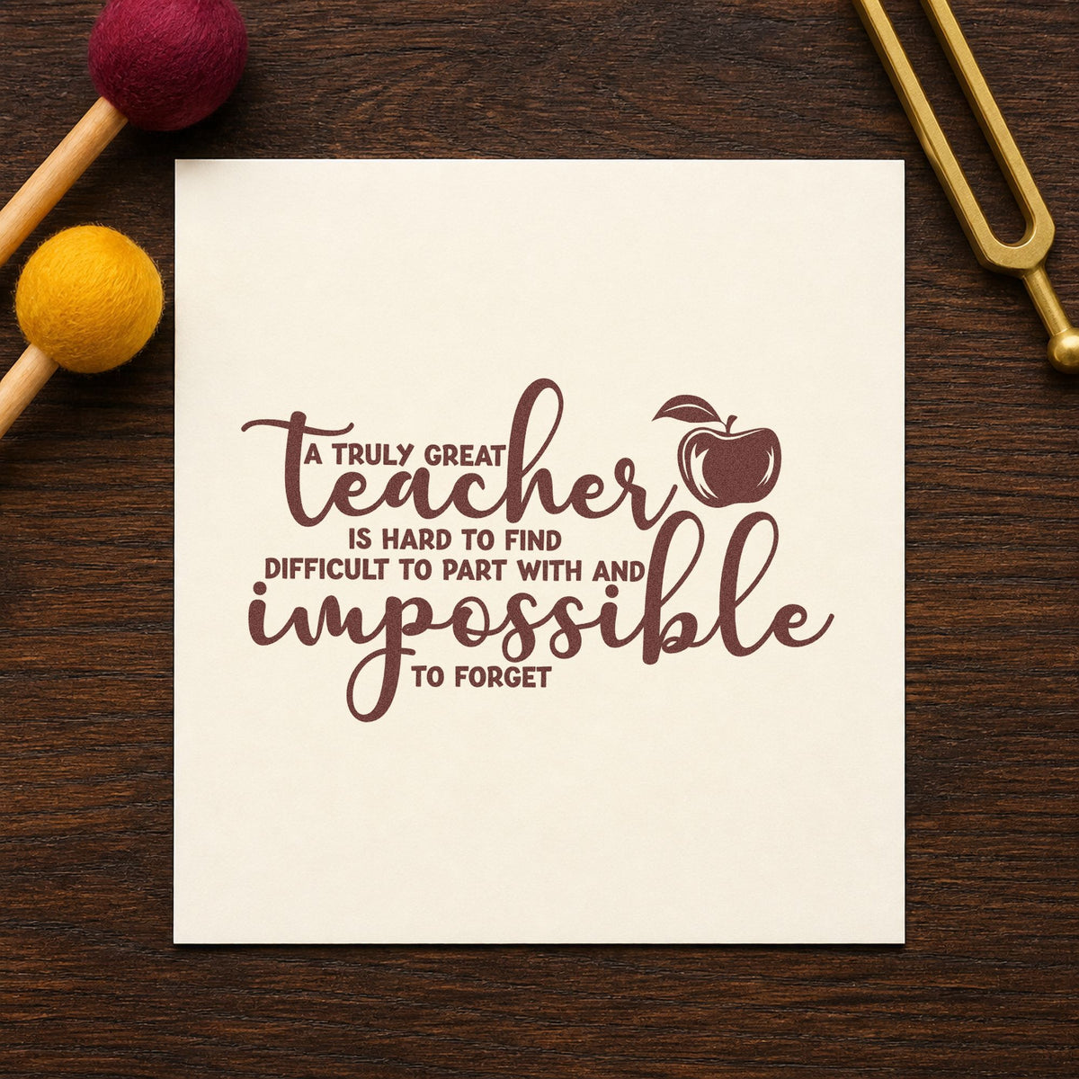 Truly Great Teacher Apple rubber stamp printed in brown ink, ready for keepsake tin labels and similar paper crafts.