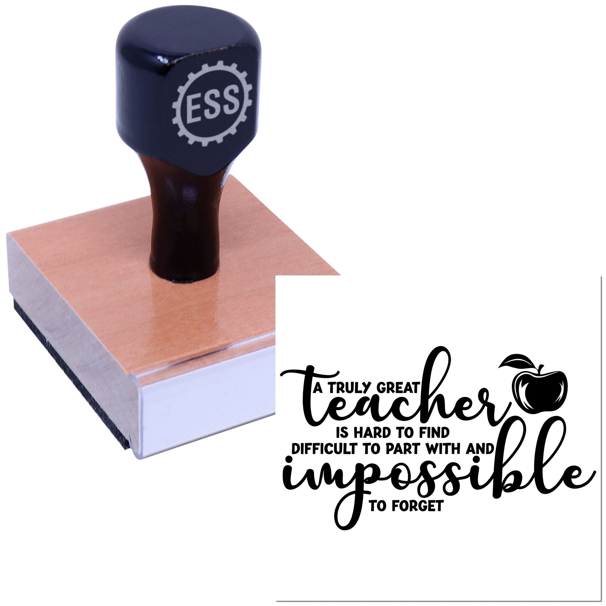 Dark navy ESS self-inking stamp on wooden base with black teacher quote and apple graphic for seal products.