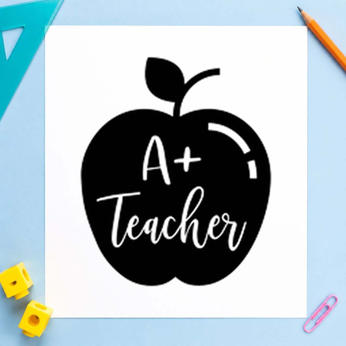 A Plus Teacher Solid Apple rubber stamp printed in black ink, ready for white mark cards and similar paper crafts.