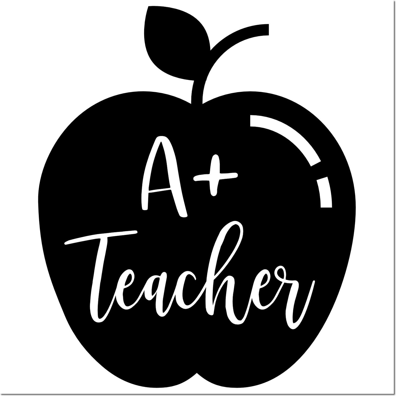 Black apple-shaped teacher stamp seal with white A+ Teacher lettering and leaf icon.