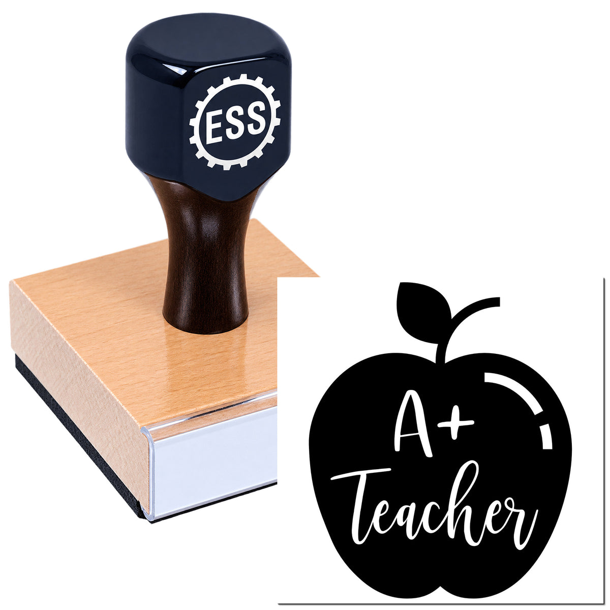 Dark blue ESS rubber seal stamp on wooden block beside black A+ Teacher apple logo