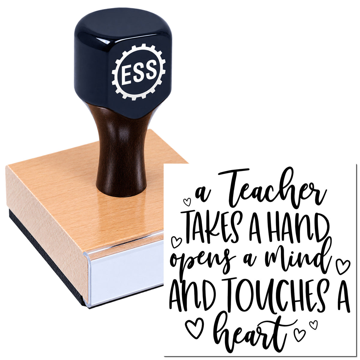 Navy ESS rubber stamp on a pink wooden block beside a black teacher quote with hearts.