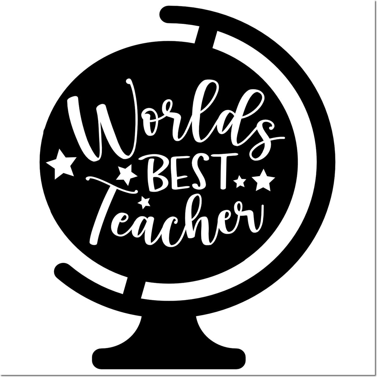 Black and white globe stamp seal with Worlds Best Teacher text and stars