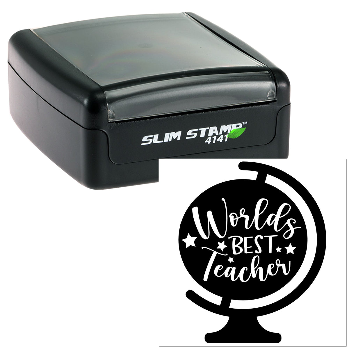 Black self-inking slim stamp with clear cover and custom round teacher seal in white script, stars, and globe outline.