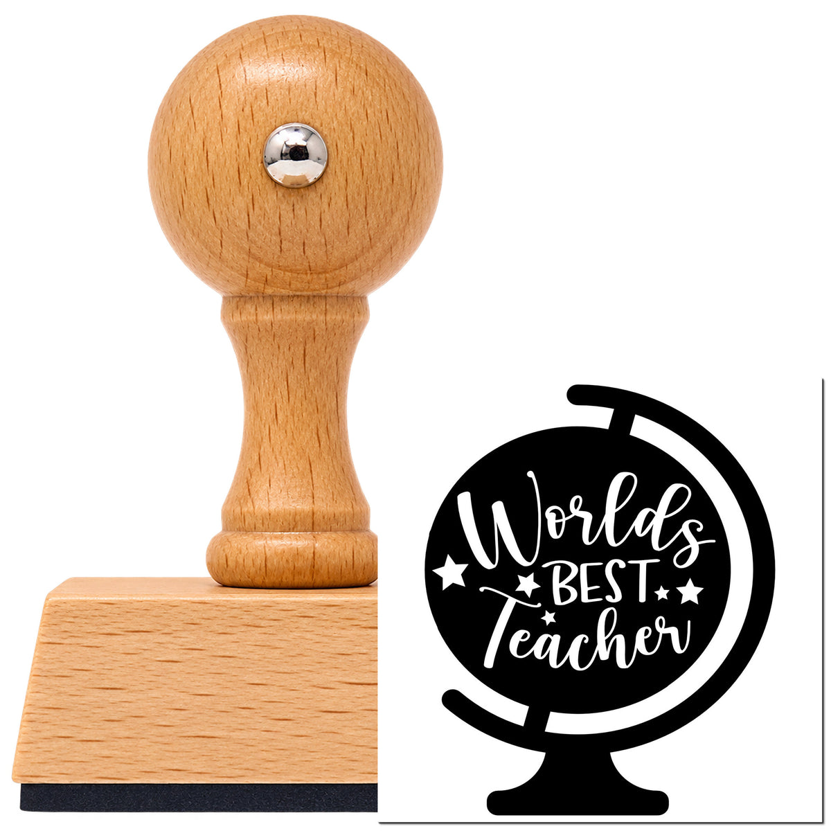 Vintage Pro beech wood stamp with a round knob handle, shown with its black World's Best Teacher Tilted Globe imprint on white.