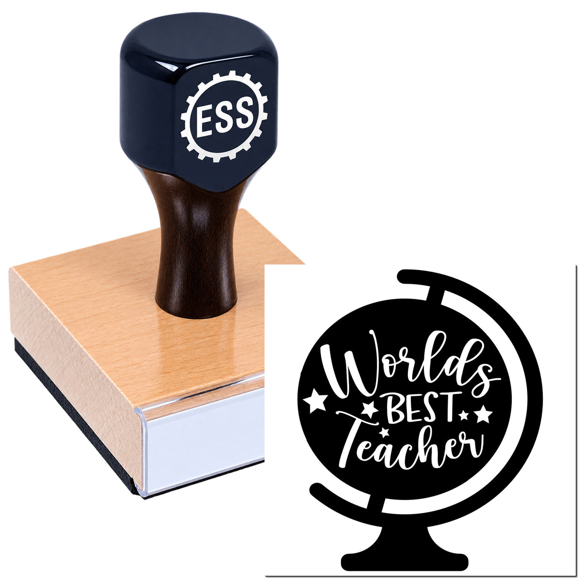 Dark navy rubber stamp on a wooden block beside a black globe seal reading "World's Best Teacher" in white.