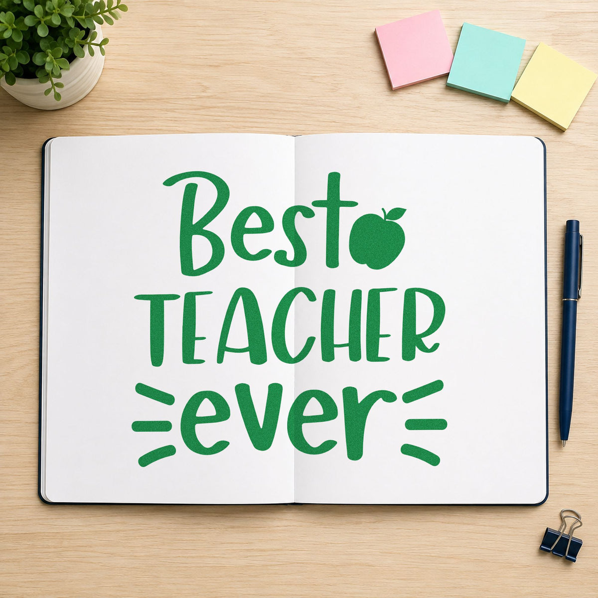 Best Teacher Ever craft stamp imprint in green ink on a handmade project, one idea being thank you pages.