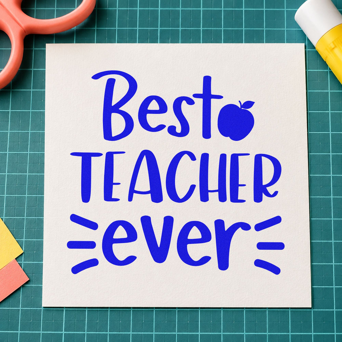 Best Teacher Ever craft stamp in blue ink on cardstock, an easy option for muslin pouch panels.