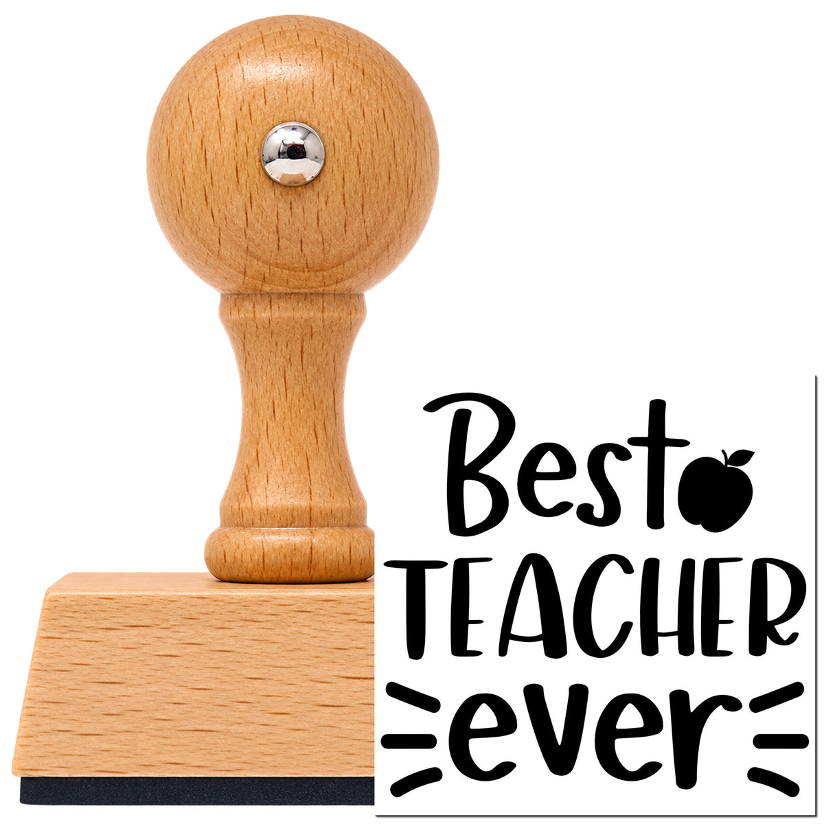 Vintage Pro beech wood stamp with a round knob handle, shown with its black Best Teacher Ever Apple imprint on white.