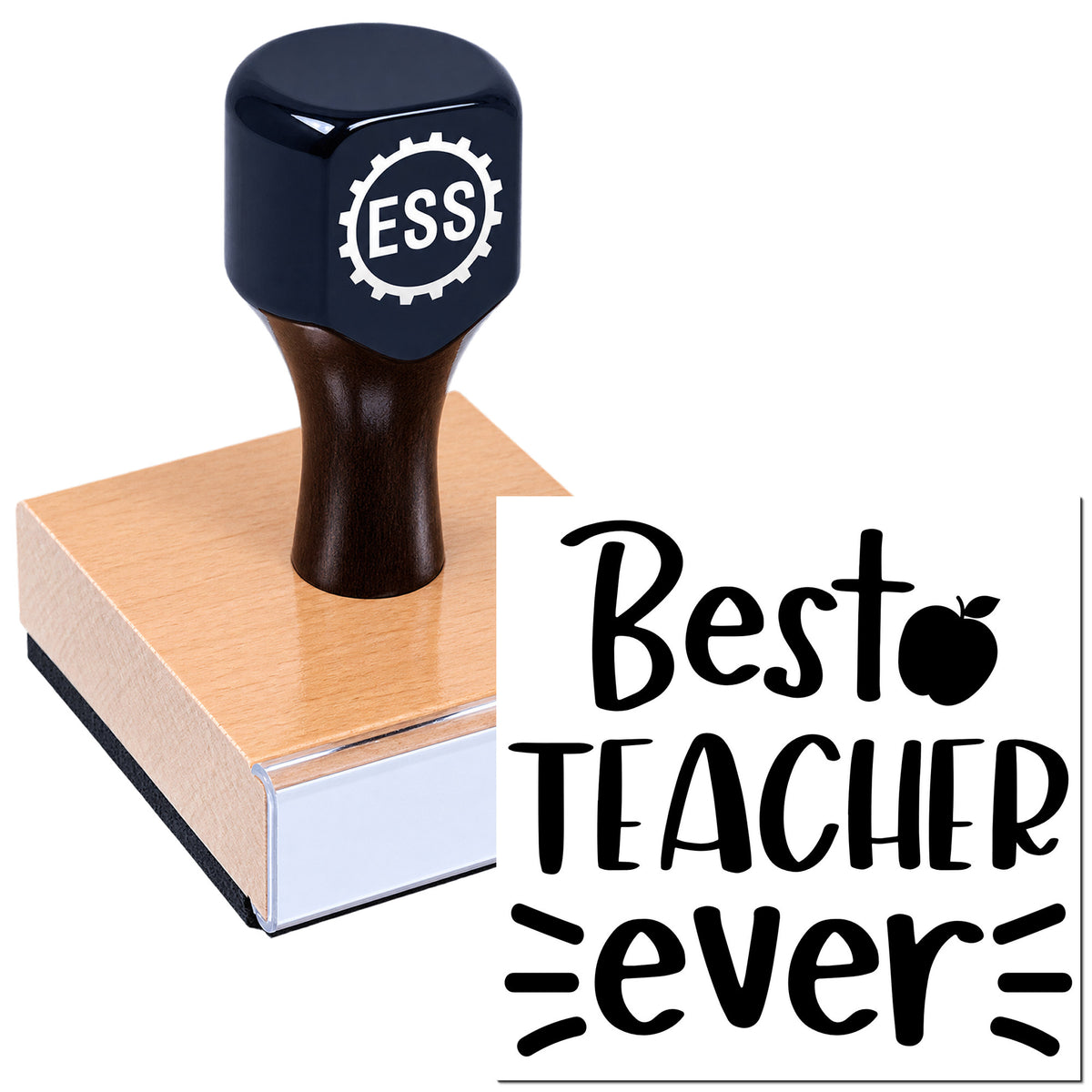 Dark blue ESS stamp and seal on wooden block with black "Best Teacher Ever" design.
