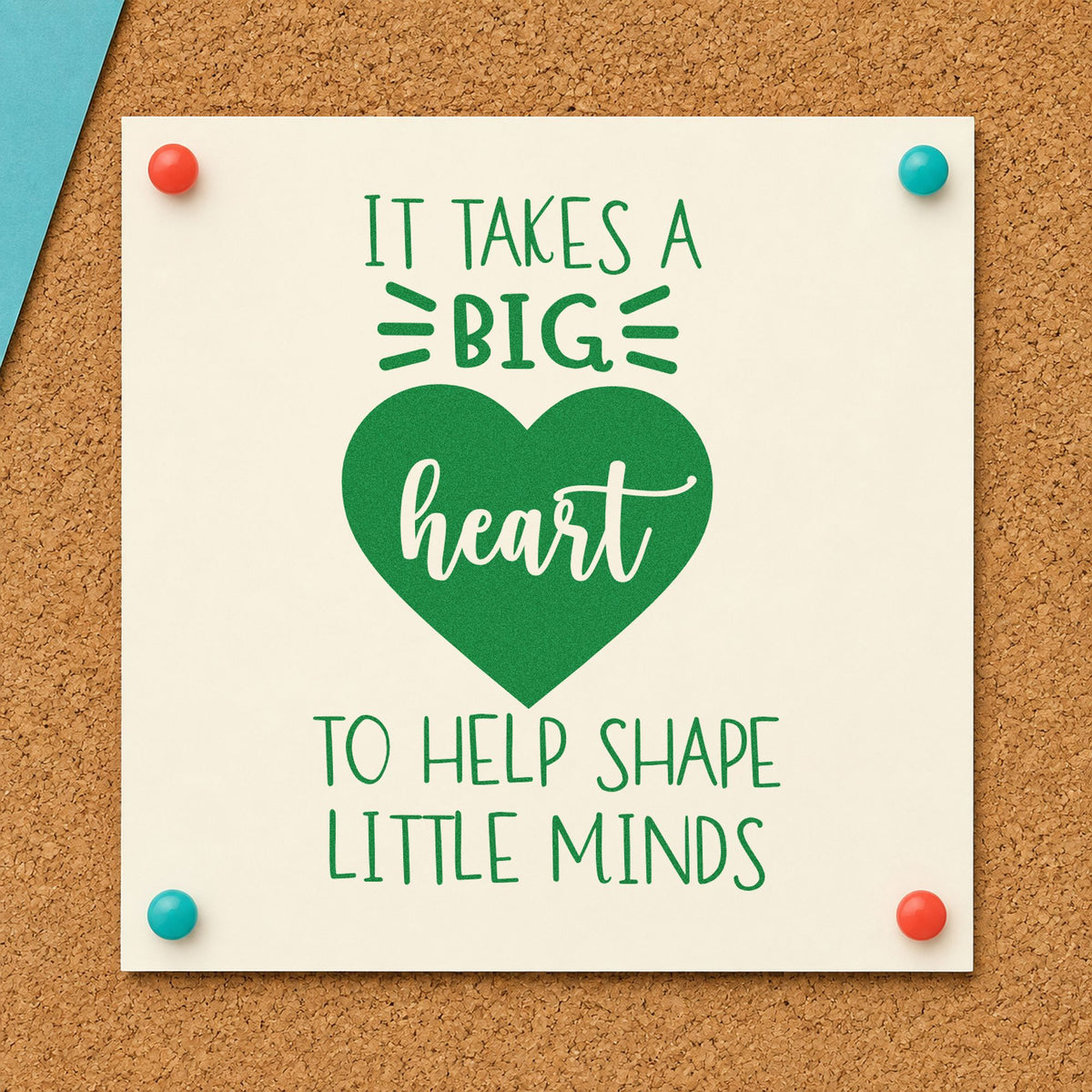 Big Heart Helps Little Minds craft stamp imprint in green ink on a handmade project, one idea being learning journey pages.