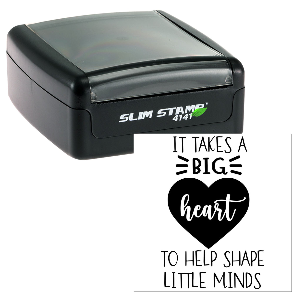 Black self-inking Slim Stamp 4141 with translucent gray lid beside a black heart design and white motivational text.