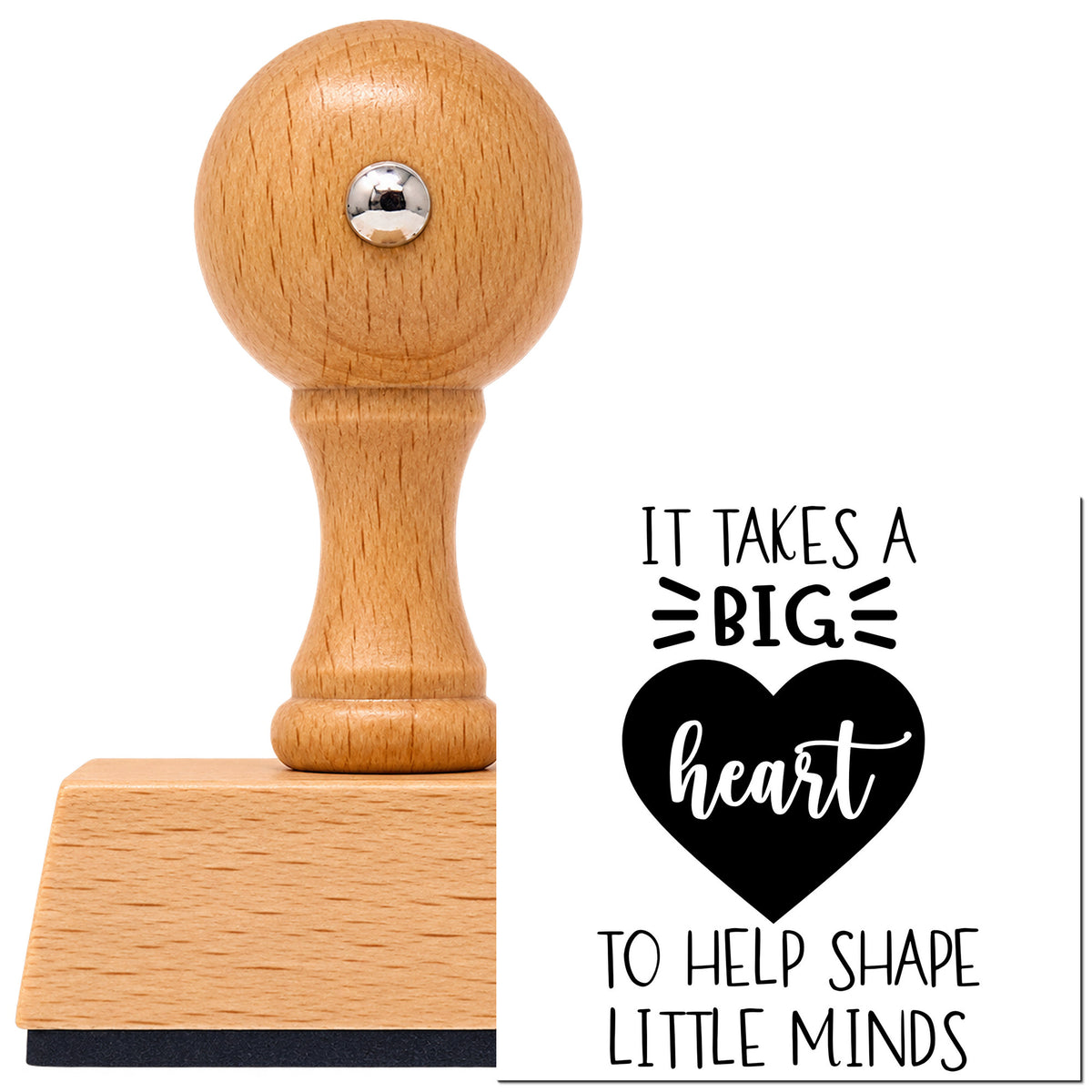 Vintage Pro beech wood stamp with a round knob handle, shown with its black Big Heart Helps Little Minds imprint on white.