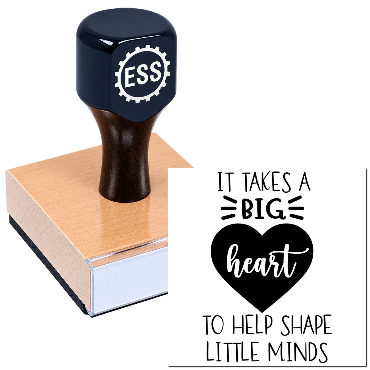 Dark blue ESS rubber stamp on pink wooden block, with black heart seal artwork and motivational text.