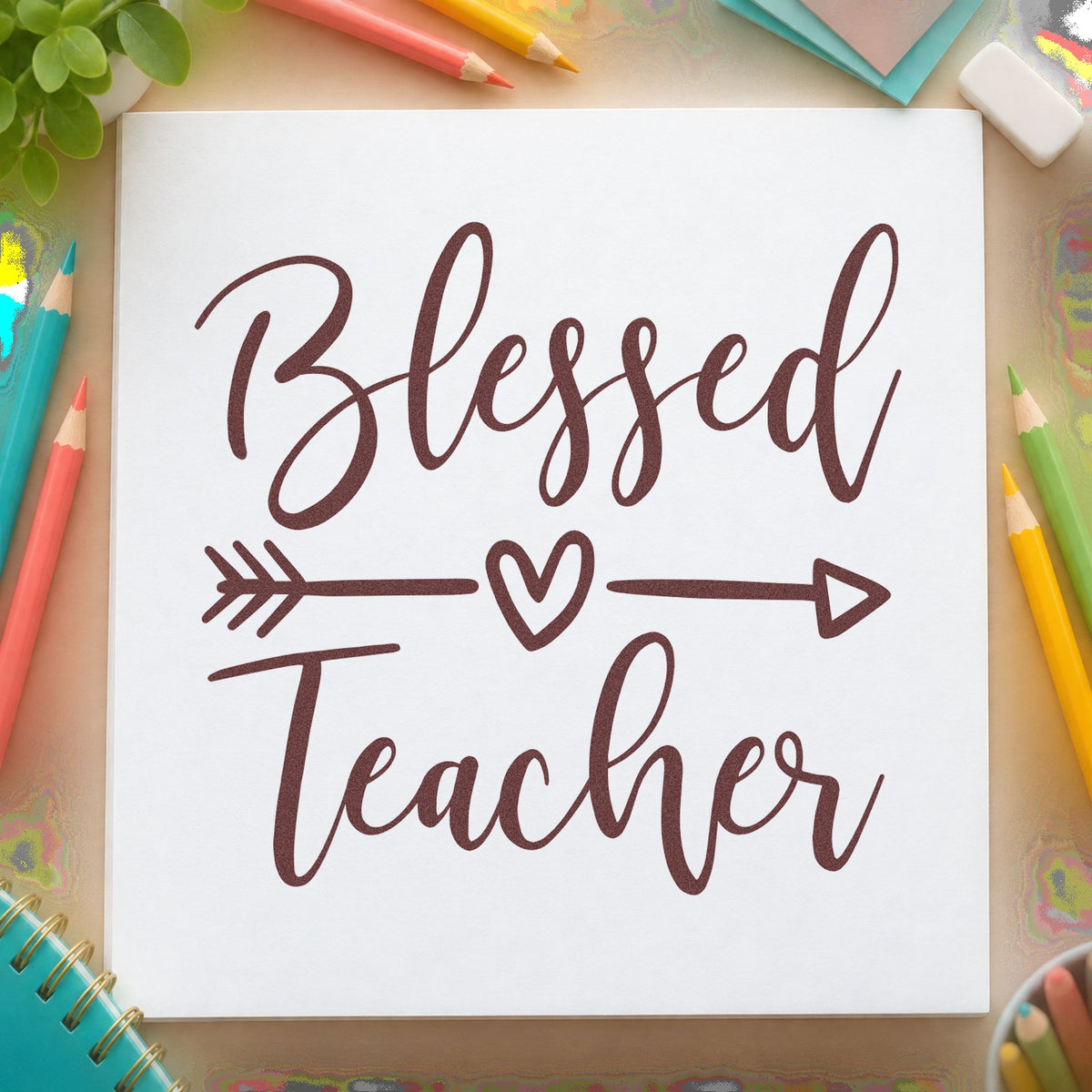 Blessed Teacher Heart Arrow rubber stamp printed in brown ink, ready for communion cup labels and similar paper crafts.