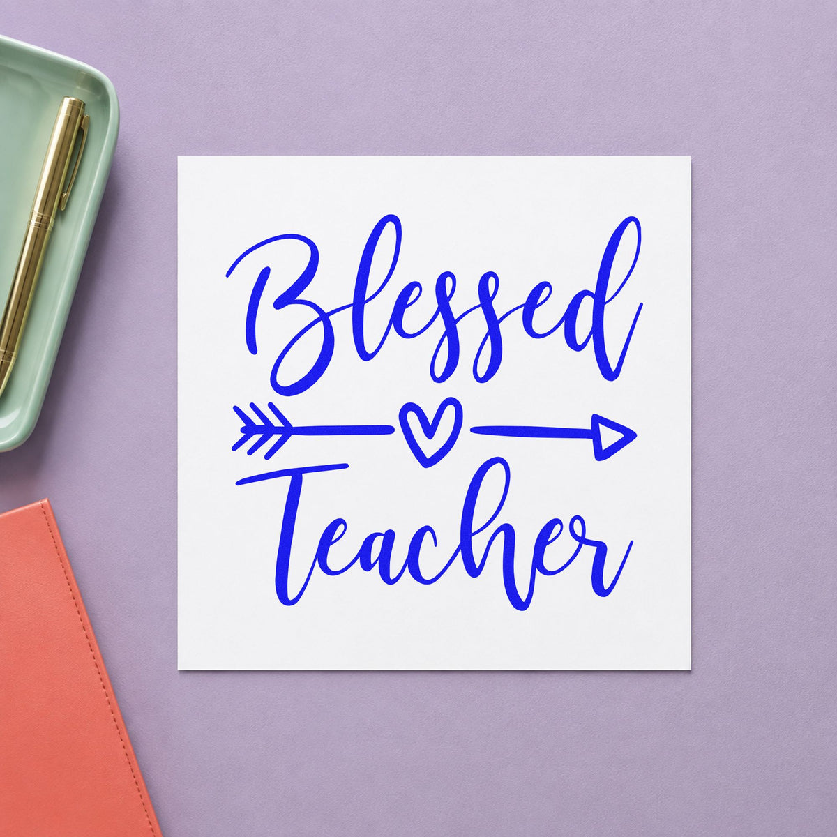Blessed Teacher Heart Arrow craft stamp in blue ink on cardstock, an easy option for choir sash panels.