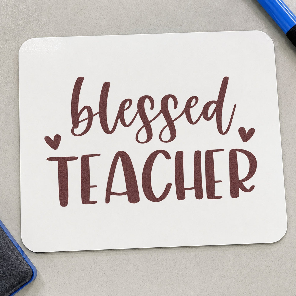 Blessed Teacher Hearts rubber stamp printed in brown ink, ready for kraft sack labels and similar paper crafts.