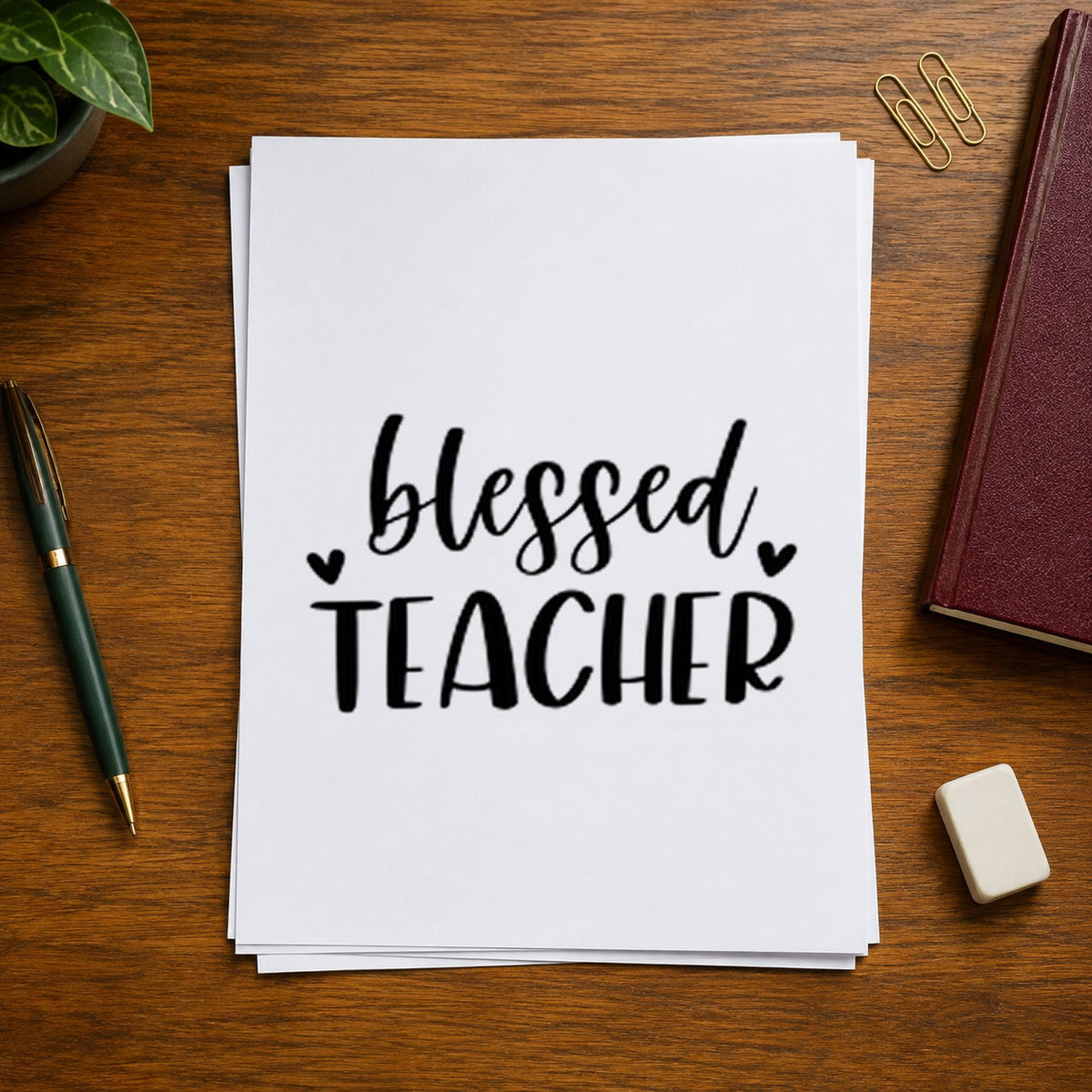 Blessed Teacher Hearts rubber stamp printed in black ink, ready for two hearts cards and similar paper crafts.