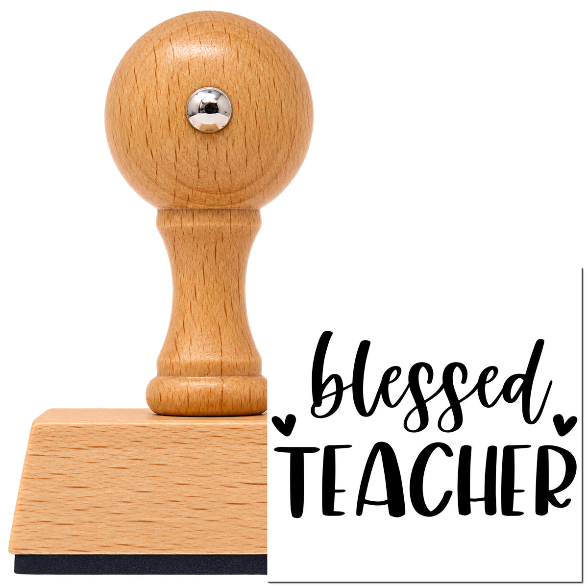 Vintage Pro beech wood stamp with a round knob handle, shown with its black Blessed Teacher Hearts imprint on white.