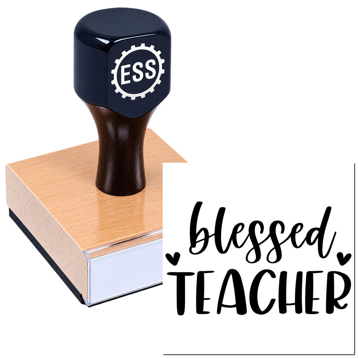 Black ESS rubber stamp and seal on wooden base, with "blessed TEACHER" text on a white background.